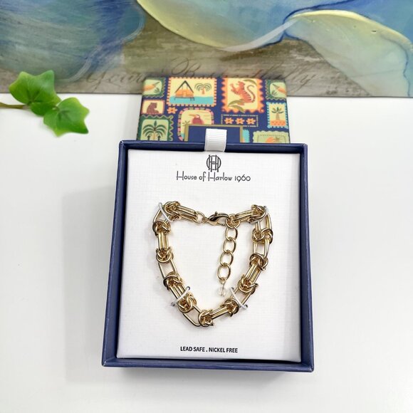 House Of Harlow 1960 Gold-Tone Chain Link Bracelet Lead Safe Nickel Free in Box - Picture 1 of 4